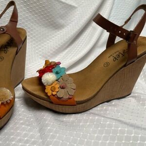 Women's Brown Wedge Sandals with Colorful Floral Accents